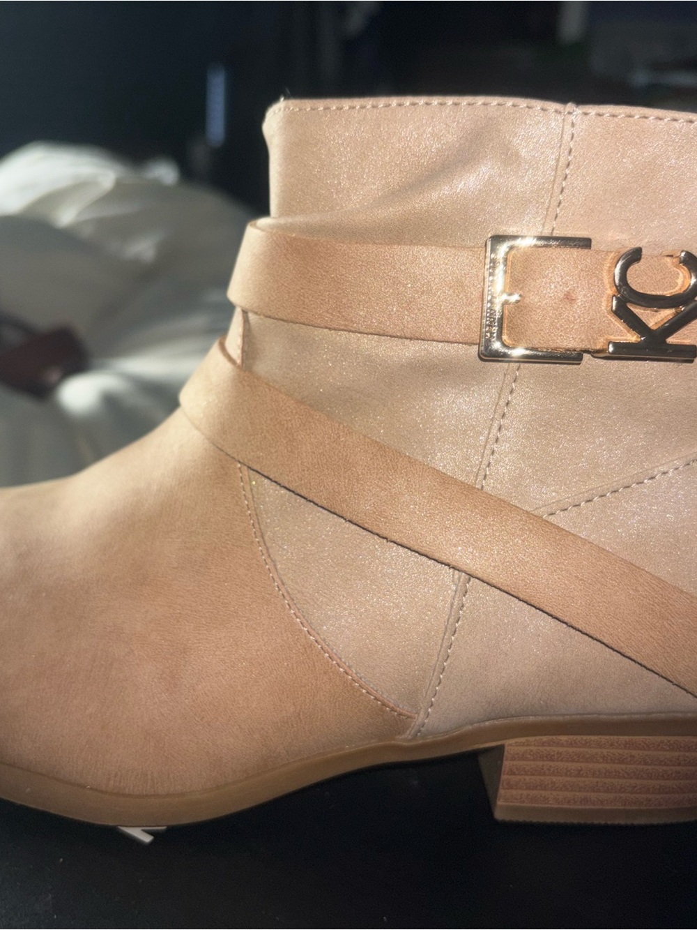 Kenneth Cole Light Tan Suede Ankle Boot with Gold Buckle